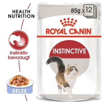 Royal Canin Instinctive Katzenfutterbeutel, 85g x 12, mit einer Illustration einer rennenden Katze, mit dem Text 'Health Nutrition' und 'Gelee'.