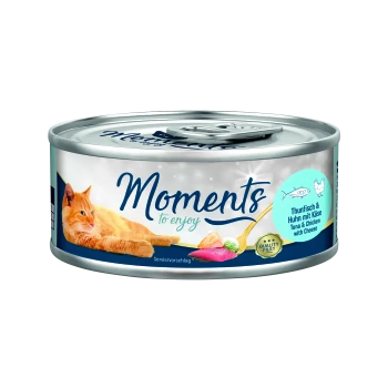 Dose mit Katzenfutter, die eine entspannte orangefarbene Katze zeigt, beschriftet mit 'Moments to enjoy', mit Geschmäckern von Thunfisch und Hühnchen mit Käse.
