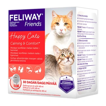FELIWAY Friends Happy Cats Beruhigungsdiffusor-Box mit zwei Katzen, mit Text, der die beruhigende Wirkung und die tierärztliche Empfehlung hervorhebt.