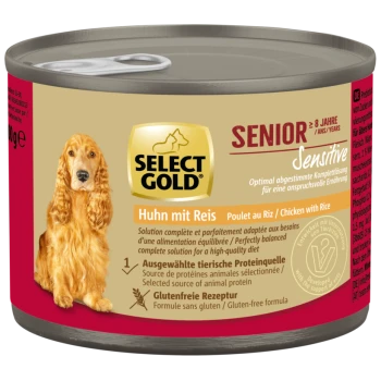 Select Gold Senior Sensitive Hundefutterdose mit Huhn und Reis, glutenfrei, für Hunde ab 8 Jahren, mit Bild eines Golden Retrievers.