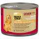 Select Gold Senior Sensitive hondenvoer in blik met kip en rijst, glutenvrij, voor honden van 8+ jaar, met afbeelding van een golden retriever.