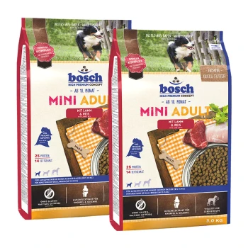 Zwei Taschen Bosch Mini Adult Hundefutter mit Lamm und Reis, mit Nährwertangaben, darunter 25 % Protein und 14 % Fett.