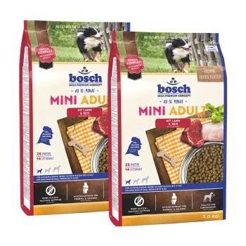 Zwei Taschen Bosch Mini Adult Hundefutter mit Lamm und Reis, mit Nährwertangaben, darunter 25 % Protein und 14 % Fett.