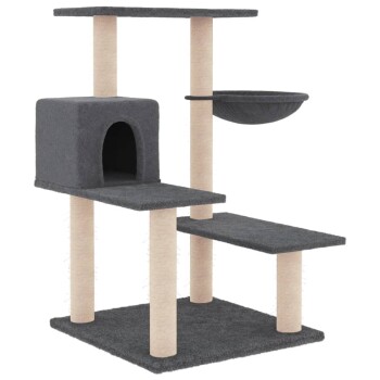 Grau Katzenbaum mit mehreren Ebenen, einem gemütlichen Versteck und einer hängenden Schüssel, entworfen zum Klettern und Entspannen.