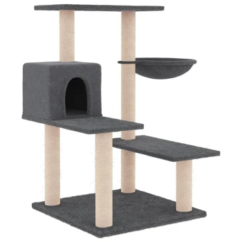Grau Katzenbaum mit mehreren Ebenen, einem gemütlichen Versteck und einer hängenden Schüssel, entworfen zum Klettern und Entspannen.