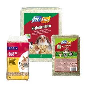 Fit & Fun Kuscheliger Käfig Set - Heu + Nagerstreu Drei Fit+Fun Haustierpflegeprodukte: 1 kg "Kleintier-Stroh" für kleine Tiere, 601 Weichholzstreu und 5 kg "Bergwiesenheu" Heu.