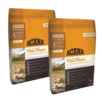 Deux sacs de nourriture pour chiens ACANA Wild Prairie devant un paysage de montagne et de fleurs, mettant en avant les ingrédients et les bienfaits nutritionnels.