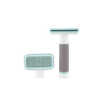 Zwei Haustierpflegewerkzeuge werden angezeigt: eine Slicker-Bürste mit einem mintgrünen Griff und ein Entfilzungswerkzeug mit einer flachen Kante, beide auf einem weißen Hintergrund.