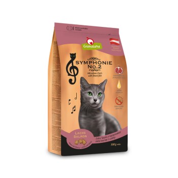 Katzenfutterverpackung mit einer schwarzen Katzensilhouette, musikalischen Noten und Text: "GranataPet Symphonie No. 2," "Lachs Salmon," und ernährungsphysiologischen Angaben.