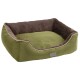 Grünes Haustierbett mit einem weichen braunen Innenraum und einem beigen Rand, mit einem kleinen grauen Etikett, das "KERBL" liest.
