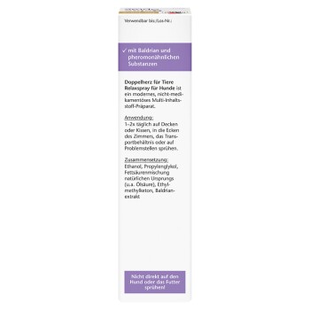 Ontspanning spray voor honden, met valeriaan en feromoonachtige stoffen. Instructies en ingrediënten staan aan de zijkant vermeld.