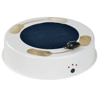Interaktives Katzenspielzeug mit kreisförmigem Design, featuring eine dunkelblaue Filzoberfläche und ein kleines schwarzes Mausspielzeug auf einer Bahn.