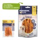 Dwie torby z przekąskami dla zwierząt: żółta "Snack It" z paskami kurczaka i niebieska "Meat Snack Strips" z psem, oznaczone "96% mięsa."