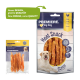 Zwei Haustiersnacktüten: eine gelbe "Snack It" mit Hähnchenstreifen und eine blaue "Meat Snack Strips" mit einem Hund, beschriftet mit "96% Fleisch."