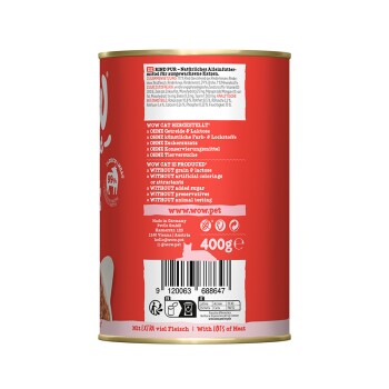 Rote Dose mit Hundefutter, beschriftet mit "Rind Pur" und 400g, mit Text über natürliche Zutaten, ohne Konservierungsstoffe und hergestellt in Deutschland.