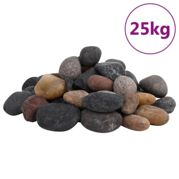 Ein Haufen verschiedener dekorativer Steine in verschiedenen Farben, mit einem Etikett, das ein Gewicht von 25 kg in einem lila Kreis angibt.
