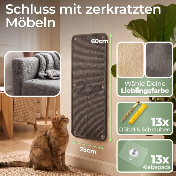 Wandmontiertes Katzenkratzpanel (60×25 cm) mit Katze; sichtbarer deutscher Text: Schluss mit zerkratzten Möbeln.