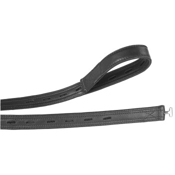 Schwarze Leder-Hundeleine mit einer Schlaufe und verstellbarer Länge, mit Nähdetails und einem Metallclip am Ende.