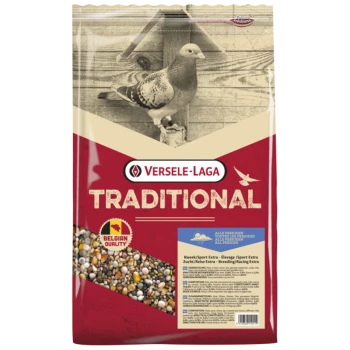 Red bag of Versele-Laga Traditional pigeon seed showing pigeon photo, "Traditional" text and "Belgian Quality" badge
