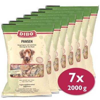 Sieben Säcke DIBO Pansen Hundefutter, jeweils 2000 g, mit natürlichen Zutaten und einem ergänzenden Futteretikett auf Deutsch.