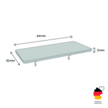 Illustration eines Haustierprodukts, einer flachen Plattform mit den Maßen 64 mm x 32 mm x 2 mm, mit Haken, beschriftet "Made in Germany."