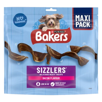 Blue Purina Bakers Sizzlers bacon flavour dog treats pouch with playful dog image, 'MAXI PACK' and 'NO RAWHIDE' text