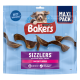Blue Purina Bakers Sizzlers bacon flavour dog treats pouch with playful dog image, 'MAXI PACK' and 'NO RAWHIDE' text