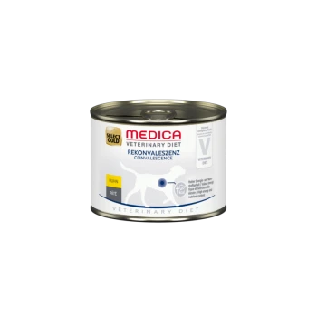Canned dog food labeled "Select Gold Medica Veterinary Diet" for convalescence, featuring a chicken pâté formula and high energy content.