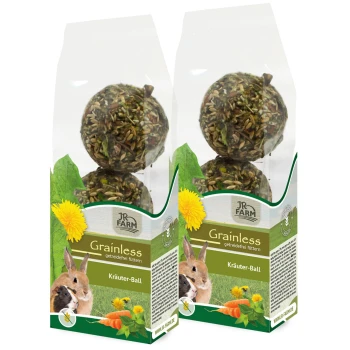 Dwa opakowania JR FARM Grainless Kräuter-Ball, zawierające ziołowe kulki dla małych zwierząt, z obrazkami królika i świnki morskiej.
