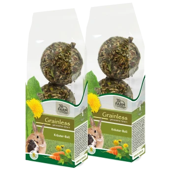 Zwei Pakete von JR FARM Grainless Kräuter-Ball, die Kräuterbälle für kleine Haustiere zeigen, mit Bildern eines Kaninchens und eines Meerschweinchens.