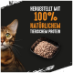 Eine Nahaufnahme des Gesichts einer Bengal-Katze neben einer Schüssel mit Katzenfutter, mit dem Text "Hergestellt mit 100% natürlichem tierischem Protein."