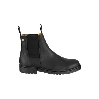 Schwarze Leder Chelsea-Stiefel mit elastischen Seitenpaneelen und Zuglaschen, mit einer robusten Sohle und einem eleganten Design.