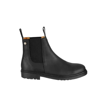 Schwarze Leder Chelsea-Stiefel mit elastischen Seitenpaneelen und Zuglaschen, mit einer robusten Sohle und einem eleganten Design.