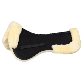Schwarze, gesteppte Satteldecke mit weichem, cremefarbenem Fleece-Futter, mit einem Riemen zur Sicherung, ideal für den Reitsport.