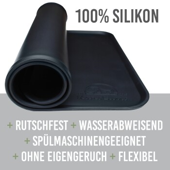 Gerollte schwarze Silikon-Haustiermatte mit "100% SILIKON" und Vorteilen: "RUTSCHFEST, WASSERABWEISEND, SPÜLMASCHINENGEIGNET."