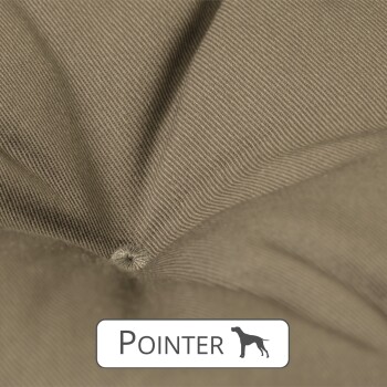 Nahaufnahme eines strukturierten beigen Stoffes mit einem Knopfdetail, beschriftet mit 'POINTER' und einer Silhouette eines Hundes unter dem Text.