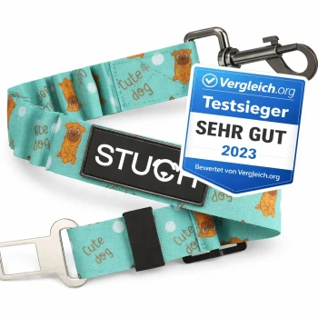 Eine türkisfarbene Hundeleine mit einem verspielten Muster von Cartoon-Hunden und dem Text "süßer Hund," mit einem schwarzen STUCH-Logo.