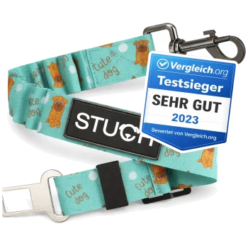 Eine türkisfarbene Hundeleine mit einem verspielten Muster von Cartoon-Hunden und dem Text "süßer Hund," mit einem schwarzen STUCH-Logo.
