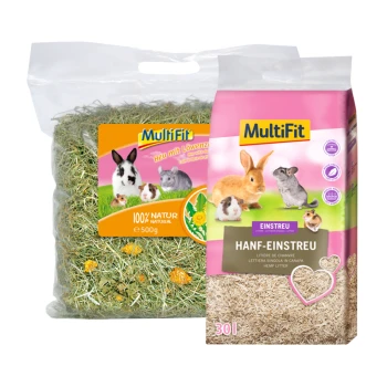 Deux produits pour animaux de MultiFit : un sac de 500 g de foin naturel avec des pissenlits pour petits animaux, et un sac de 30 L de litière en chanvre.