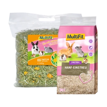 Zwei Haustierprodukte von MultiFit: ein 500g Beutel mit natürlichem Heu mit Löwenzahn für Kleintiere und ein 30L Beutel mit Hanfstreu.