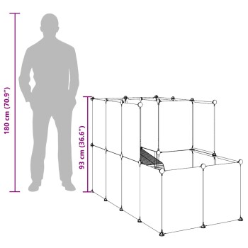 Diagramm eines Haustierauslaufs mit einer Höhe von 93 cm (36,6"), neben einer 180 cm (70,9") großen menschlichen Silhouette zum Größenvergleich.