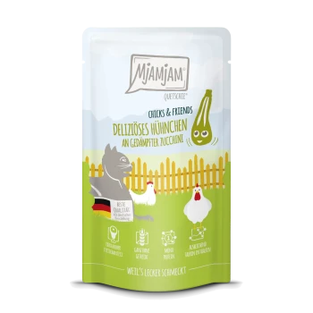 Mjamjam Haustierfutterbeutel mit "Chicks & Friends" mit Huhn und Zucchini. Text: "Deliziöses Hühnchen an gedämpfter Zucchini."