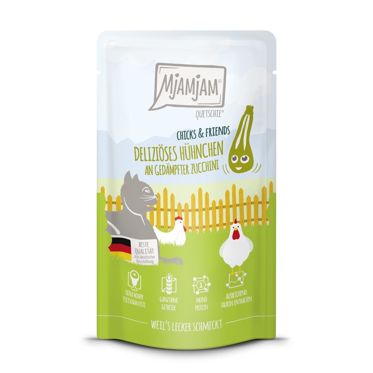 MjAMjAM Nassfutter Katze Adult, Quetschie Chicks & Friends, Huhn und Zucchini 12x125 g