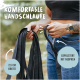 Eine Frau hält eine schwarze Haustierleine mit einem bequemen Griff, beschriftet mit "Komfortable Handschlaufe," "2,5 cm Breite," und "Gepolstert mit Neopren."