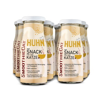 SmoothieCat Hühnersnack für Katzen, mit sechs Glasflaschen mit Etiketten in Deutsch, die natürliche Zutaten und Unterstützung der Hydration hervorheben.