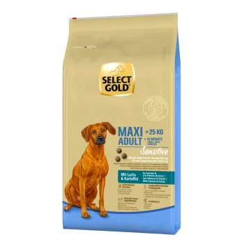 Hundefuttertüte mit der Aufschrift 'Select Gold Maxi Adult' für Hunde über 25 kg, mit Lachs und Kartoffeln, als sensitive Formel gekennzeichnet.