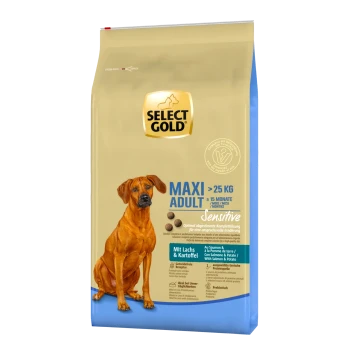 Dog food bag labeled "Select Gold Maxi Adult" for dogs over 25 kg, featuring salmon and potato, marked as sensitive formula.