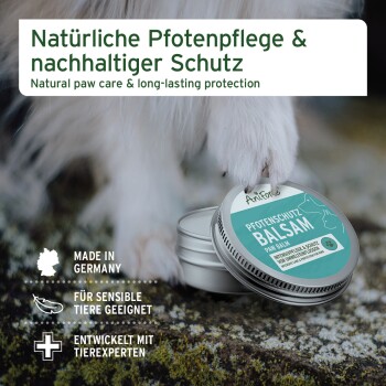 Silberne Dose mit natürlichem Pfotenpflegebalsam mit einer Hundepfote in der Nähe. Der Text lautet "Natürliche Pfotenpflege & nachhaltiger Schutz."