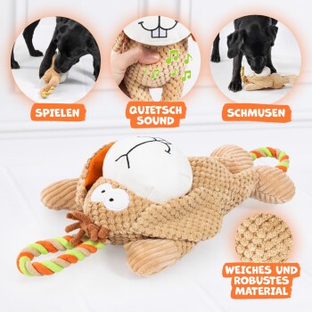Ein plüschiges Cartoon-Hundespielzeug mit Quietscher, buntem Seil und deutschem Text: "Spielen," "Quietsch Sound," und "Schmusen."