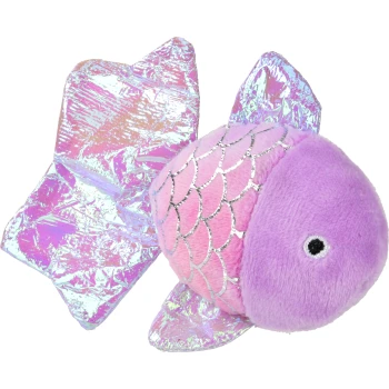 Pluche vis knuffelspeeltje met roze lichaam, zilveren schubpatroon, paarse kop en iriserende holografische vinnen.